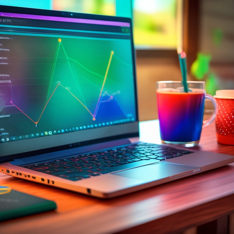 A laptop screen displaying a virtual blackboard with colorful math equations and graphs, surrounded by scattered notebooks, pencils, and a cup of coffee, set against a blurred high school background.