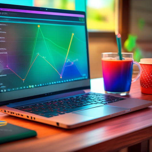 A laptop screen displaying a virtual blackboard with colorful math equations and graphs, surrounded by scattered notebooks, pencils, and a cup of coffee, set against a blurred high school background.
