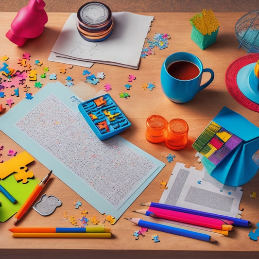 A colorful, clutter-free desk with a partially solved puzzle worksheet, a pencil, an eraser, and a few scattered puzzle pieces, surrounded by a subtle background of brain illustrations and faint grid patterns.