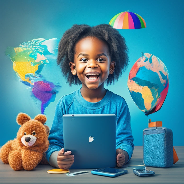A colorful illustration of a smiling child surrounded by various virtual tools, including a tablet with an interactive globe, a laptop with a coding interface, and a smartphone with a learning app.