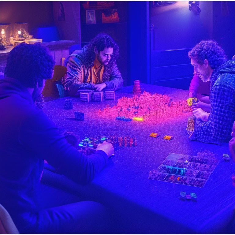 A vibrant, dimly-lit game night scene with multiple tabletop games in progress, surrounded by excited players, colorful game pieces, and stacks of newly released game boxes with sleek, modern designs.