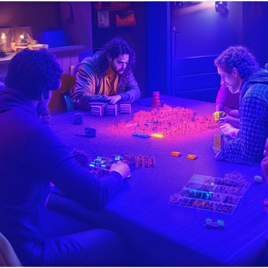 A vibrant, dimly-lit game night scene with multiple tabletop games in progress, surrounded by excited players, colorful game pieces, and stacks of newly released game boxes with sleek, modern designs.