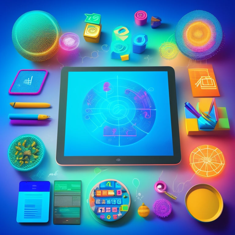 An illustration of a digital whiteboard with vibrant icons of math symbols (+, -, x, /) and shapes (circles, triangles, squares) surrounded by laptops, tablets, and smartphones, all connected by swirling lines and circles.