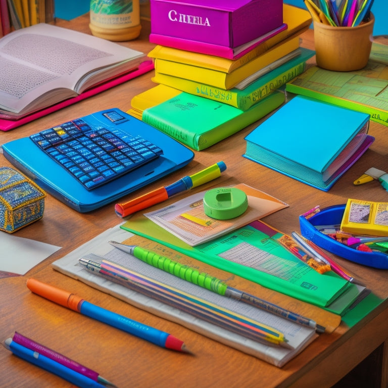 A cluttered high school desk with an open algebra textbook, scattered notes, and a calculator surrounded by colorful pens and highlighters, with a subtle hint of a calm, organized background.