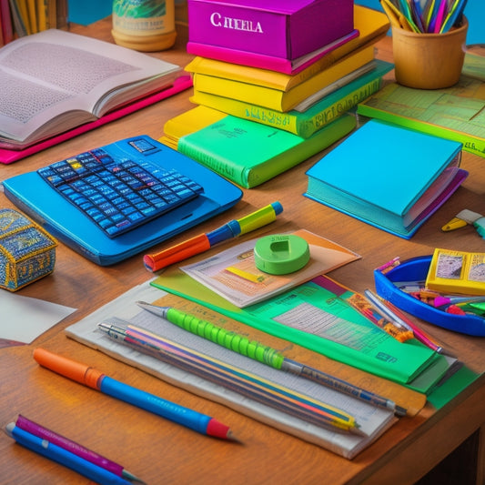 A cluttered high school desk with an open algebra textbook, scattered notes, and a calculator surrounded by colorful pens and highlighters, with a subtle hint of a calm, organized background.