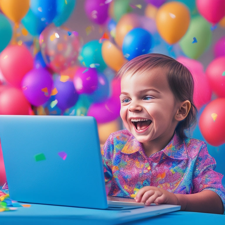A bright, colorful illustration of a smiling 1st grader sitting in front of a laptop, surrounded by confetti and balloons, with animated game characters and icons floating around them.