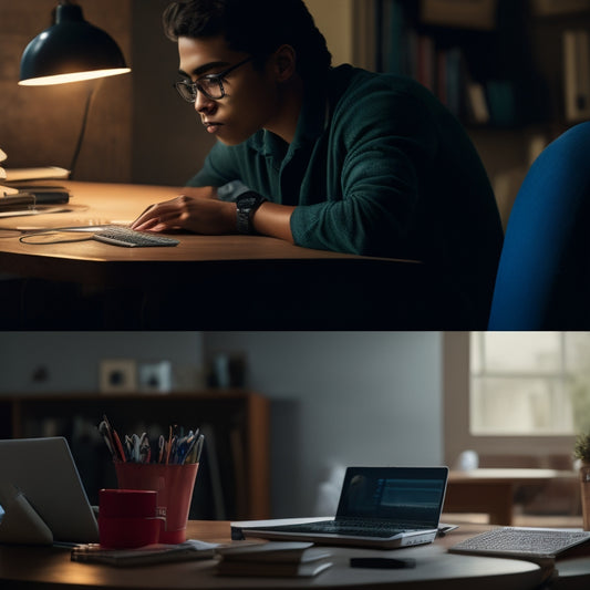 A split-screen image with a puzzled student surrounded by scattered math textbooks and worksheets on one side, and a streamlined digital workspace with a laptop and minimalistic math icons on the other.