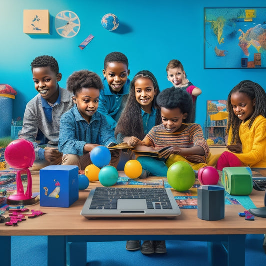 A colorful, clutter-free background with a mix of digital devices (laptops, tablets, gaming consoles) surrounded by educational props (globes, blocks, puzzles, books) and a few happy, diverse kids engaged in learning activities.