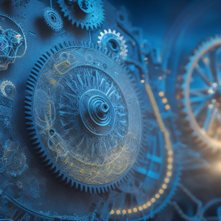 An intricate network of gears, with each gear representing a different aspect of personalized learning (e.g., student data, teacher input, learning objectives), interconnected and in motion, surrounded by subtle math symbols and gentle, pulsing lights.