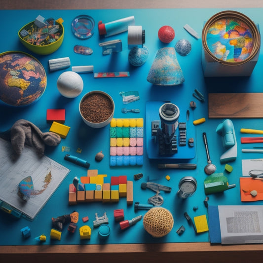 A colorful, clutter-free desk with a curious child's hands holding a magnifying glass, surrounded by various tools like a microscope, calculator, globe, and building blocks, amidst scattered math and science worksheets.