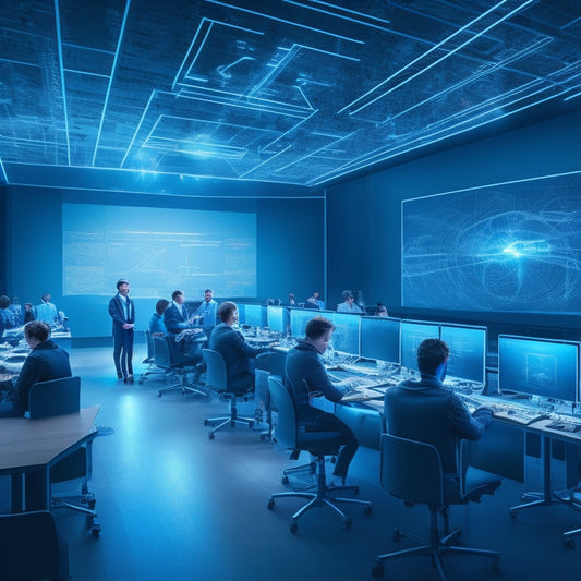 A futuristic, dimly-lit classroom with 3D holographic math problems floating above desks, surrounded by virtual reality headsets, tablets, and robotic assistants, with glowing blue lines and circuits in the background.