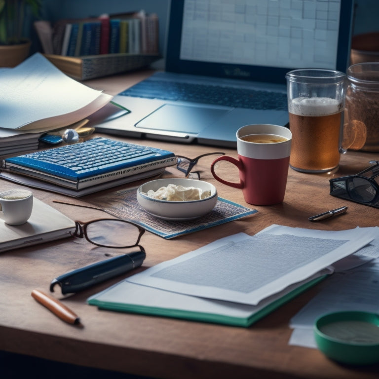 A cluttered desk with scattered math textbooks, a laptop open to a SAT prep website, a calculator, and a pair of glasses surrounded by crumpled papers and empty coffee cups.