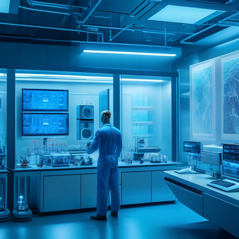 A futuristic laboratory with sleek, silver equipment, multiple screens displaying 3D molecular structures, and a holographic projection of a human brain, surrounded by virtual reality headsets and gloves.