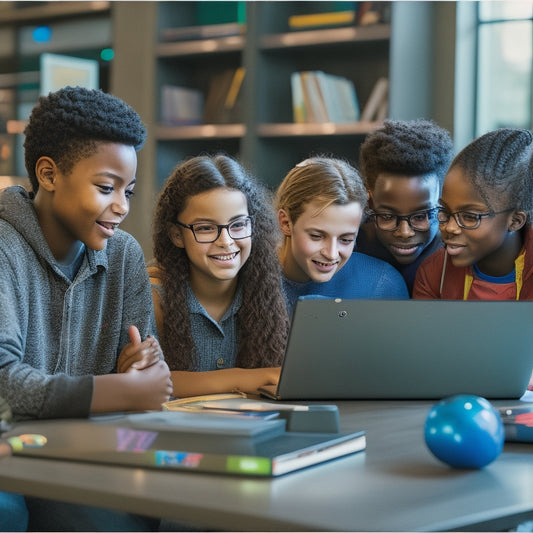 A group of diverse middle school students gathered around a table, engaged and smiling, surrounded by laptops and tablets displaying vibrant, colorful educational video games, with a subtle background of a school library or classroom.