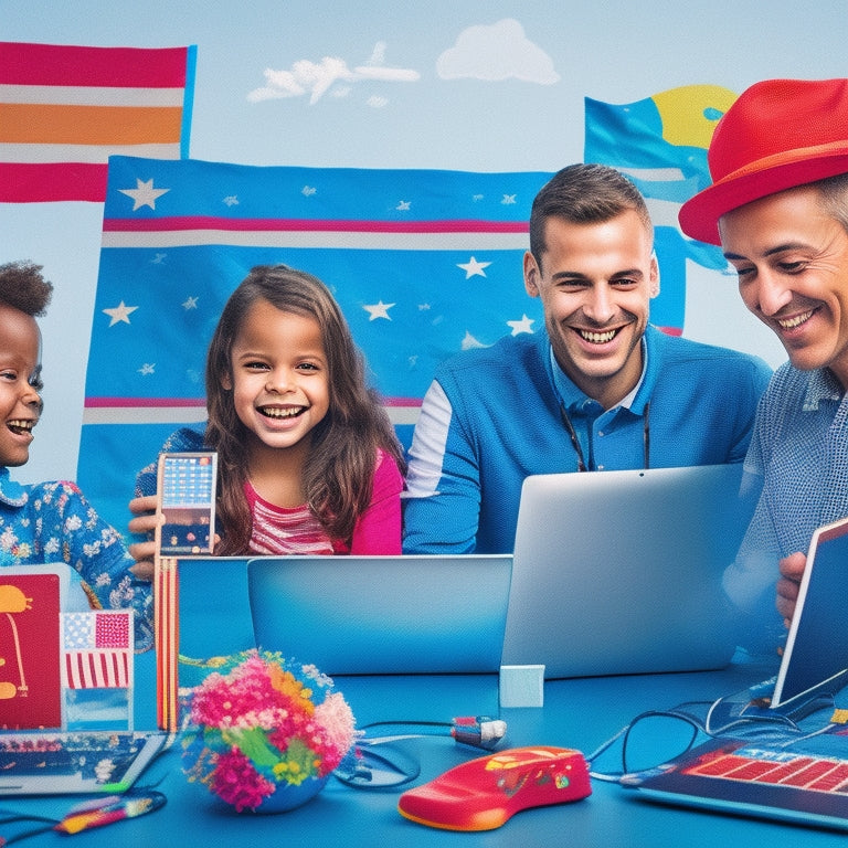 A colorful, whimsical illustration of a smiling parent and child sitting together, surrounded by laptops, tablets, and headphones, with speech bubbles and flags of different countries in the background.
