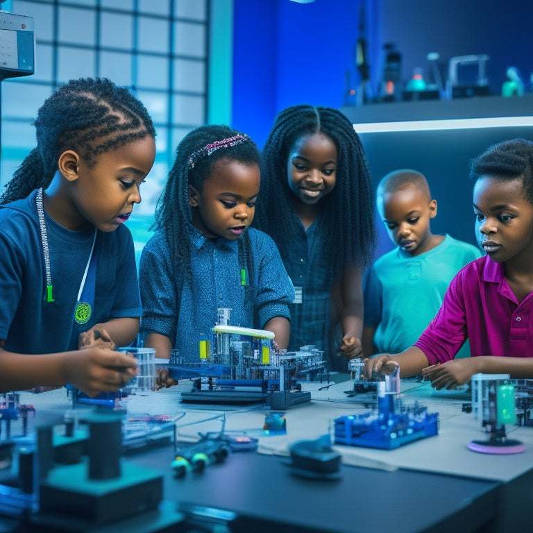 A futuristic, high-tech laboratory with excited kids of diverse ages and ethnicities engaged in STEM activities, surrounded by robotic arms, 3D printers, microscopes, and colorful coding screens.