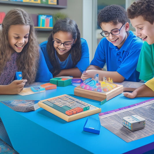 A colorful illustration of 7th-grade students gathered around a table, surrounded by math-related objects like geometry shapes, calculators, and dice, engaged in a fun and interactive game, with facial expressions of excitement and curiosity.