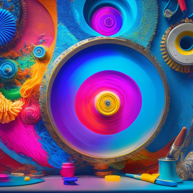 A vibrant, abstract composition featuring swirling shapes and colors, with paintbrushes, musical notes, and gears blending together, surrounded by a halo of light, conveying creativity and innovation.