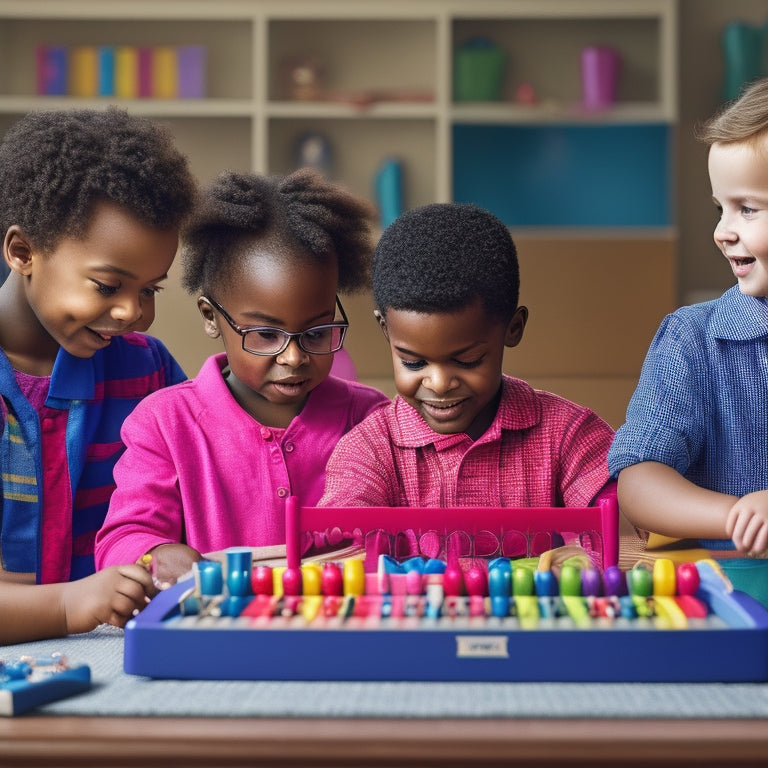 A colorful illustration of a diverse group of children gathered around a table, exploring Cranmer Abacus, a tactile learning tool, with varying visual impairments, joyful expressions, and assistive devices.