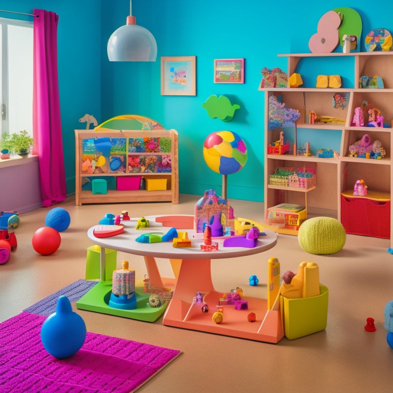 A colorful, clutter-free playroom with a wooden table in the center, surrounded by various STEM toys, including a partially built marble run, a robotics kit, and a geometric shape puzzle.