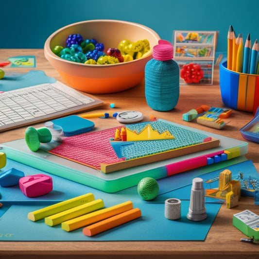 A colorful, organized desk scene with various math worksheets, pencils, and manipulatives, featuring a prominent visual schedule and a few favorite toys, surrounded by calming blue and green hues.