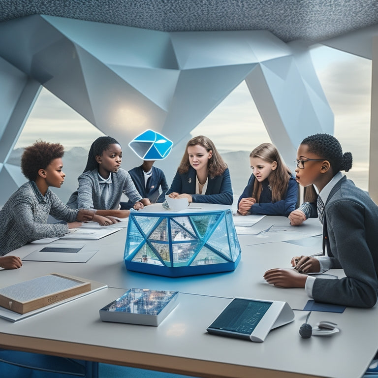 A futuristic virtual classroom with a diverse group of middle school students collaborating on math problems, surrounded by laptops, tablets, and interactive whiteboards, with geometric shapes and formulas floating in the air.