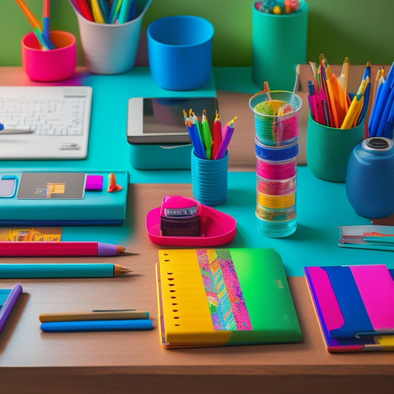 A colorful, organized desk with a laptop, tablet, and smartphone, surrounded by colorful pens, a planner, and a few favorite children's books, with a subtle background of a child's drawing.