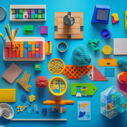 A colorful, clutter-free workspace with a variety of STEM tools, including building blocks, magnifying glasses, a kid-friendly microscope, shape sorters, and a geometric pattern puzzle, arranged in a way that invites exploration.
