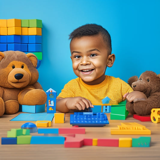 A colorful illustration of a smiling 1st grader sitting in front of a laptop, surrounded by math-related objects like blocks, counting bears, and a geometric shape puzzle.