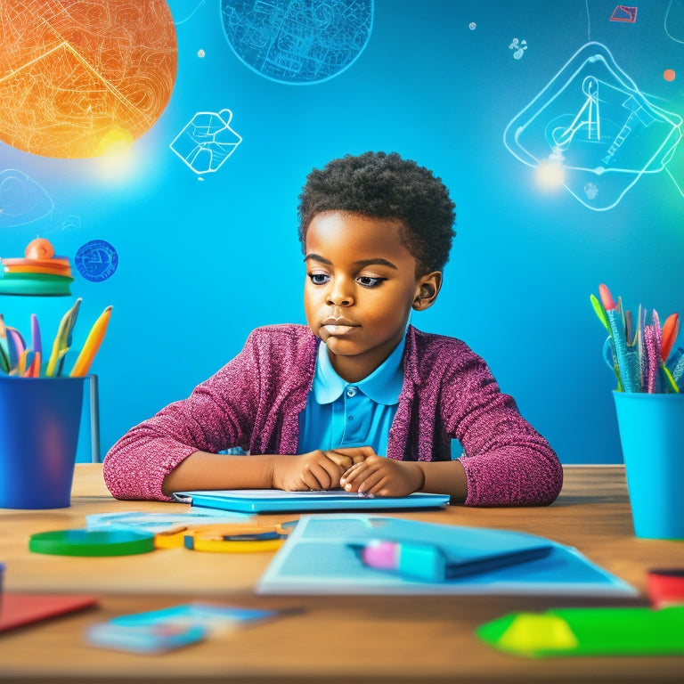 A colorful illustration of an elementary-aged student sitting at a desk, surrounded by various digital devices, with math-related icons and symbols floating around, connected by swirling lines and shapes.