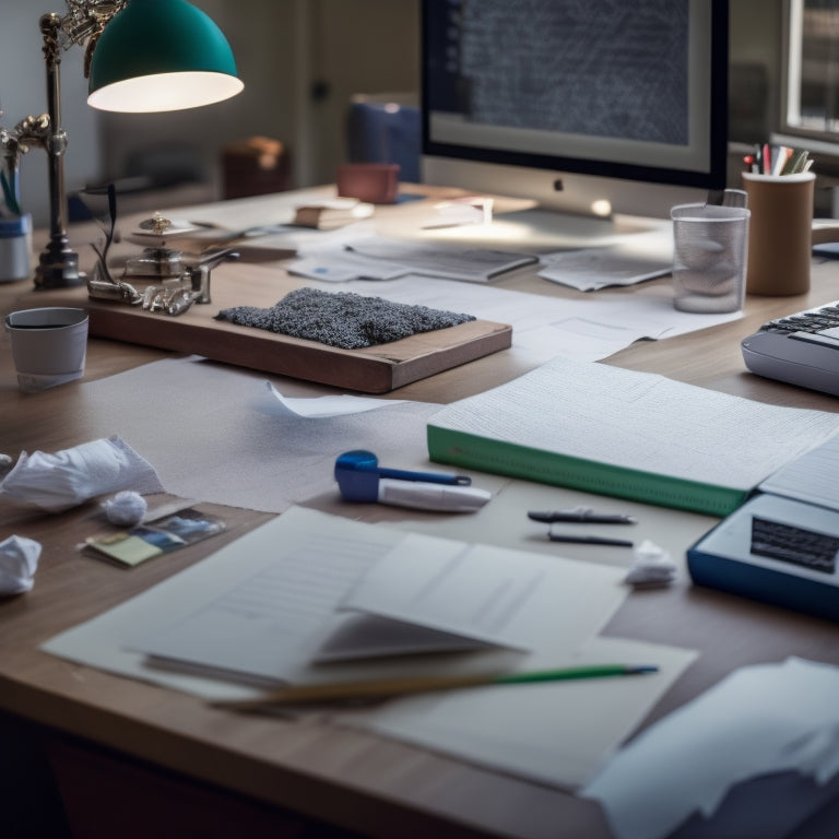 A cluttered desk with crumpled papers, broken pencils, and a frustrated student in the background, transformed into a tidy space with a laptop, a calm student, and a subtle math problem-solving flowchart in the foreground.