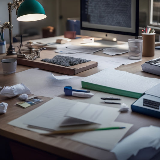 A cluttered desk with crumpled papers, broken pencils, and a frustrated student in the background, transformed into a tidy space with a laptop, a calm student, and a subtle math problem-solving flowchart in the foreground.