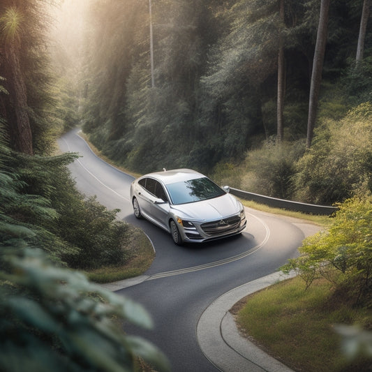 An illustration of a sleek, silver sedan driving on a winding road surrounded by lush greenery, with a prominent fuel gauge in the foreground showing a full tank and a subtle arrow pointing upwards.