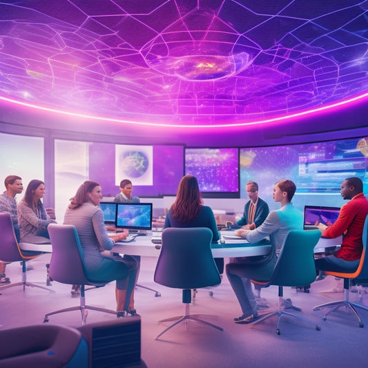 A colorful, futuristic virtual classroom with diverse teachers engaging in online math workshops, surrounded by floating math symbols, laptops, and tablets, amidst a galaxy-inspired background with subtle grid patterns.