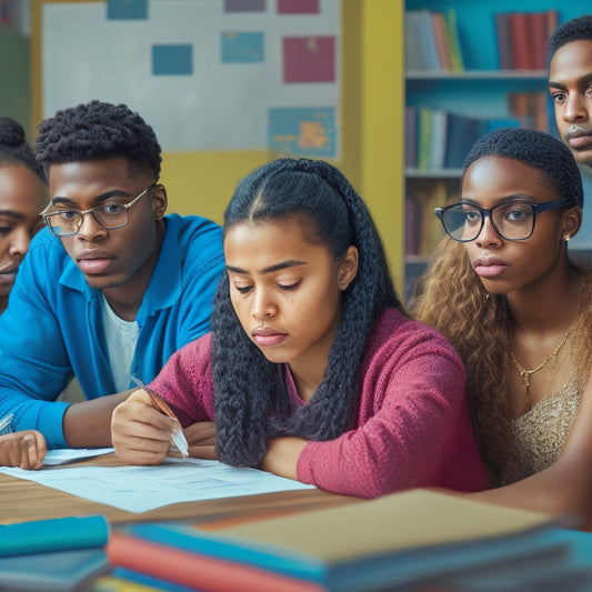 An illustration of a diverse group of students sitting at a desk, surrounded by math textbooks and worksheets, with puzzled expressions and confused gestures, amidst a subtle background of linguistic and cultural symbols.