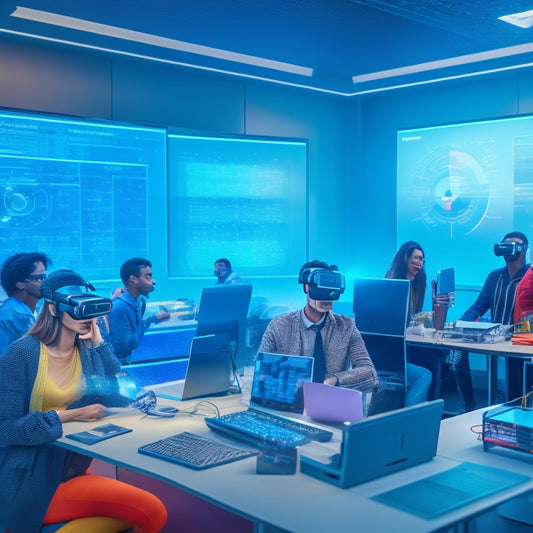 A futuristic classroom filled with diverse students in VR headsets, surrounded by robots, 3D printers, and interactive screens, with a blurred background of circuit boards and digital networks.