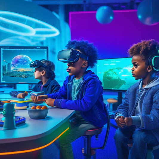 A futuristic classroom with diverse kids wearing VR headsets, surrounded by swirling 3D models, robots, and virtual globes, amidst a backdrop of circuit boards and neon-lit cityscapes.