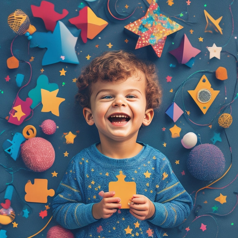 A colorful, minimalist illustration featuring a smiling child surrounded by various digital devices, with puzzle pieces, stars, and trophies floating above, connected by subtle, swirling lines.