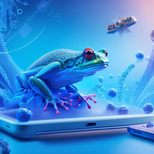 A futuristic, colorful illustration of a frog leaping over a tablet, smartphone, and laptop, surrounded by swirling educational symbols, gears, and circuits, set against a bright, gradient blue background.