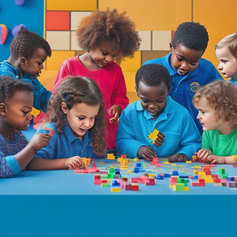 A colorful illustration of a diverse group of children with autism engaging in various math games, surrounded by puzzles, blocks, and charts, with subtle puzzle-piece patterns in the background.