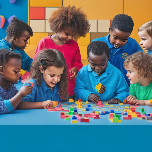 A colorful illustration of a diverse group of children with autism engaging in various math games, surrounded by puzzles, blocks, and charts, with subtle puzzle-piece patterns in the background.