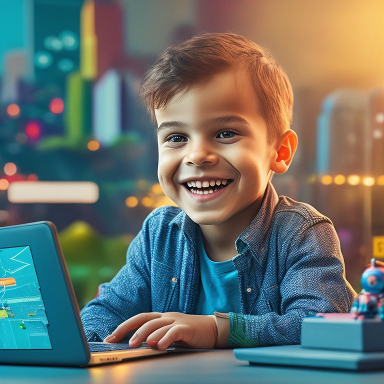 A colorful illustration of a smiling kid sitting in front of a laptop, surrounded by coding blocks, robots, and tablets, with a cityscape or futuristic background, conveying innovation and fun learning.