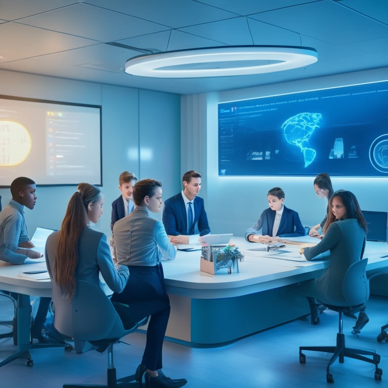 A futuristic classroom with a large digital whiteboard displaying a lesson plan, surrounded by students engaged on laptops and tablets, with a subtle glow and minimalist modern decor.