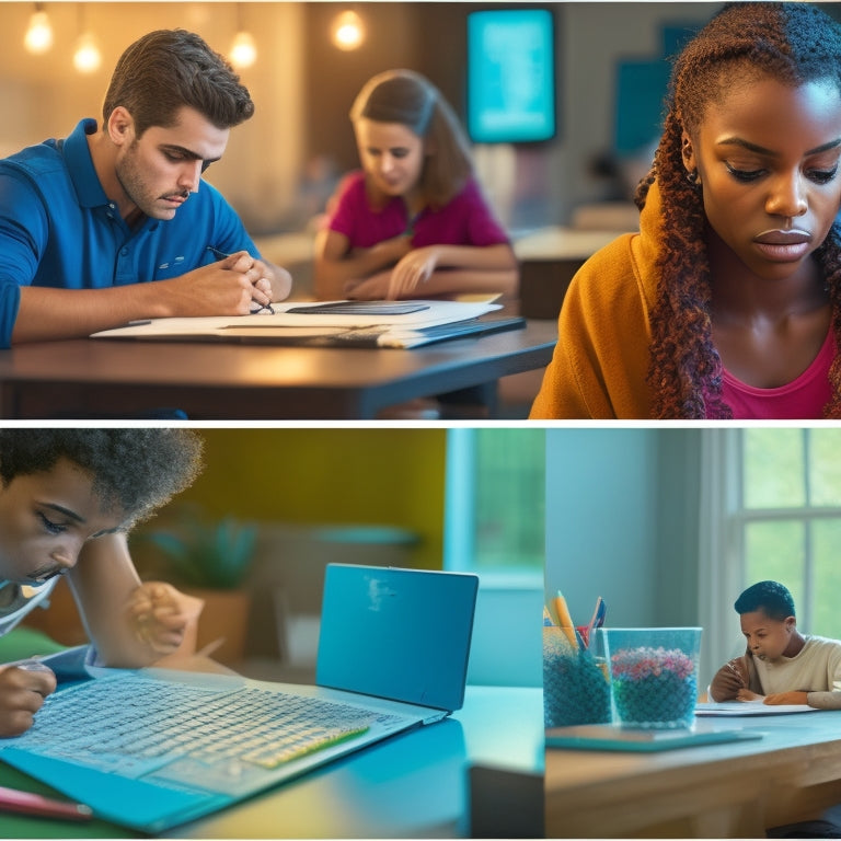 A split-screen image with a puzzled student surrounded by scattered math worksheets and broken pencils on one side, and a calm student accessing a laptop with a bright, organized math solution dashboard on the other.