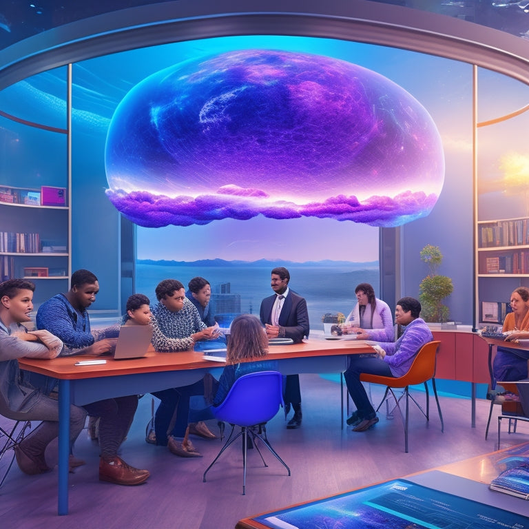An illustration of a futuristic classroom with a holographic globe, 3D bookshelves, and diverse students collaborating on virtual reality language arts projects, surrounded by vibrant, swirling clouds of words and ideas.