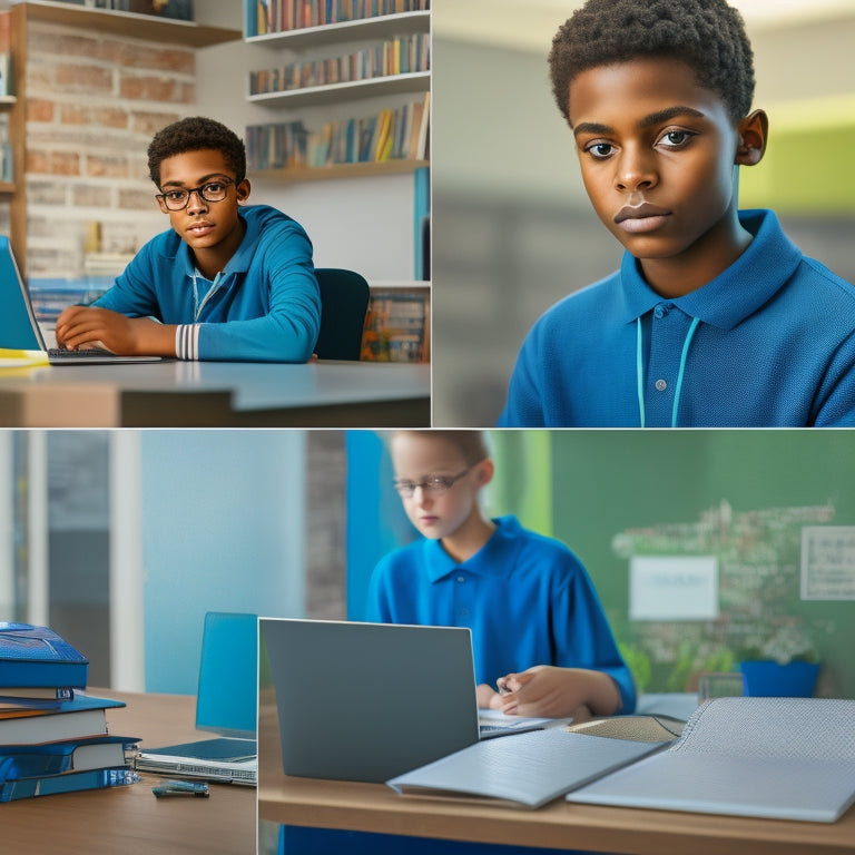 A split-screen image featuring a 9th grader sitting at a desk with a laptop and notebook, surrounded by books and school supplies, alongside a virtual tutor on the screen with a friendly and approachable facial expression.