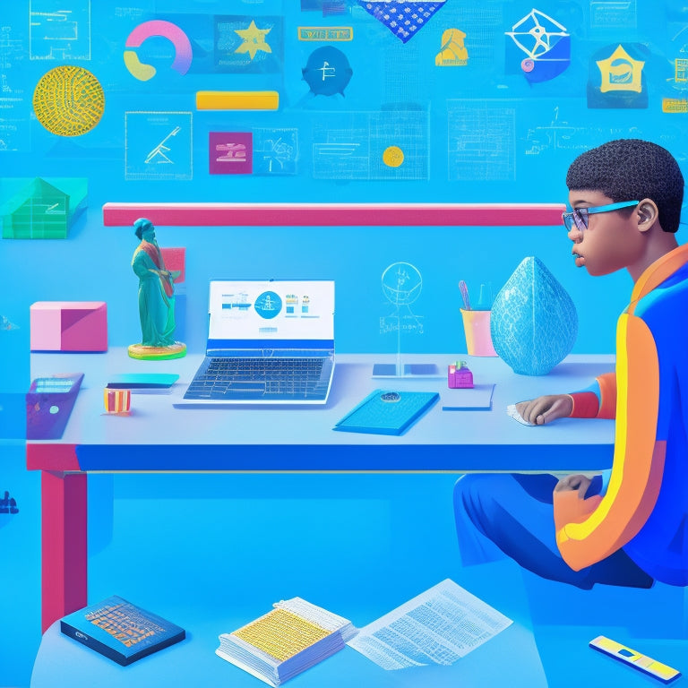 A colorful illustration of a middle school student sitting at a desk, surrounded by laptops and tablets, with math-related icons (e.g. protractors, geometry shapes) and game-inspired elements (e.g. joysticks, scoreboards) merging together.