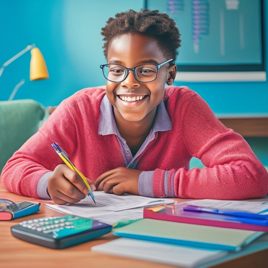 A colorful illustration of a smiling 7th-grade student sitting at a desk, surrounded by pens, pencils, and a few sheets of math worksheets, with a laptop and a calculator nearby.