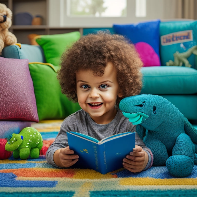 A happy, curious 4-year-old child with curly brown hair and bright blue eyes, sitting on a colorful rug, surrounded by toy dinosaurs, holding a LeapFrog Dino book with an interactive screen.