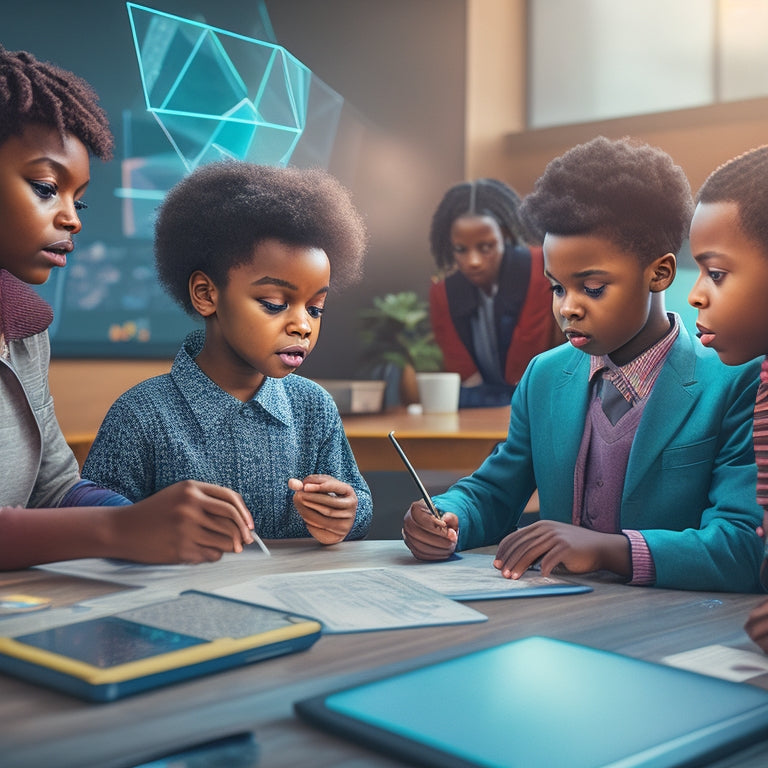 Illustrate a futuristic virtual classroom with diverse students engaged in math games on tablets, surrounded by orbiting geometric shapes, calculators, and a holographic math problem floating above the teacher's desk.